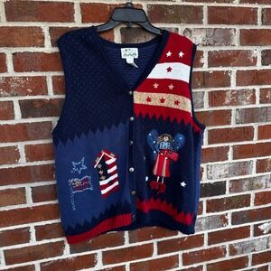 Womens Patriotic Angel Firework Knit Vest Navy Red White American Flag USA 1X
